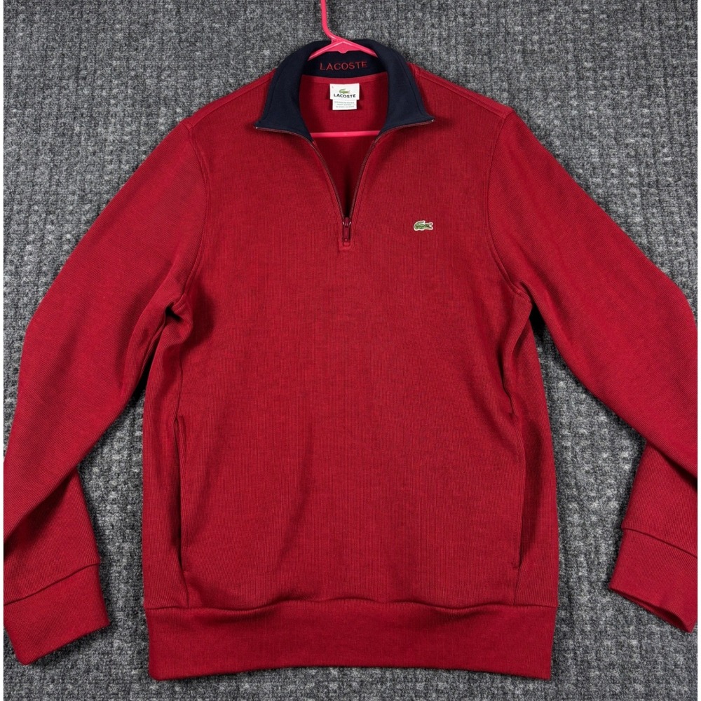 Lacoste Quarter Zip Pullover Ribbed Cotton Sweater Size 5 Red Navy Slim Fit US M